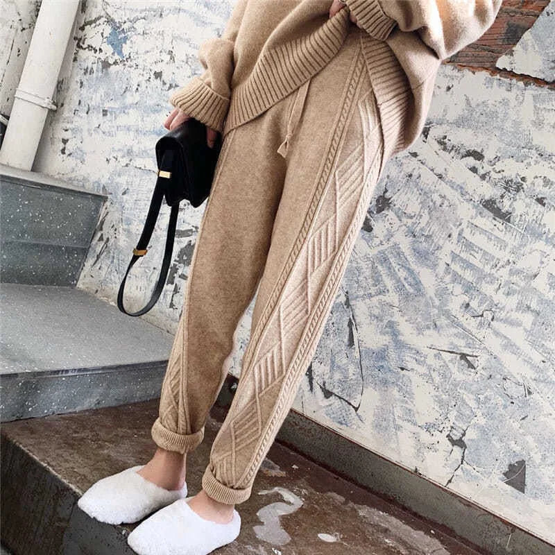 Winter Soft Knitted Sweatpants Women's Casual High Waist Harem Ankle-length Pants