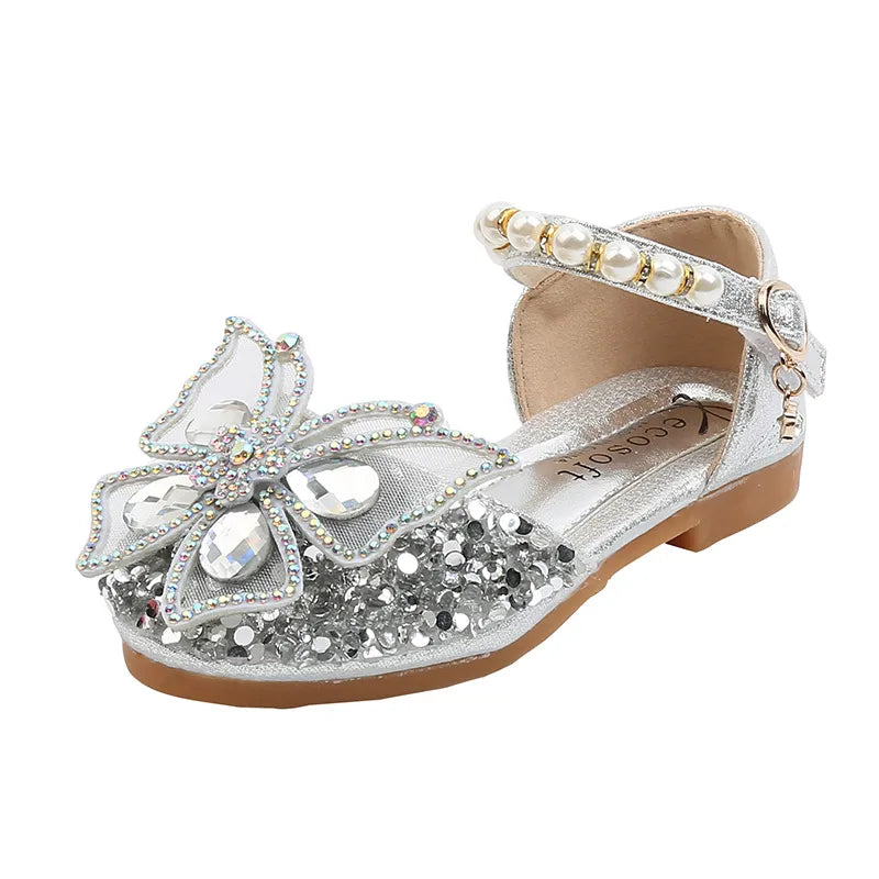Girls Sequin Lace Bow Kids Shoes Girls Cute Pearl Princess Dance Single Casual Shoe