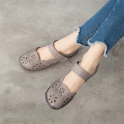 GKTINOO Hollow Genuine Leather Breathable Soft Flat Sandals Summer Women Shoes Woman Casual Solid Buckle Strap Ladies Sandals