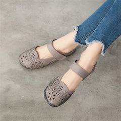 Hollow Genuine Leather Breathable Soft Flat Sandals Summer Women Shoes