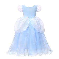 Disney Princess Cinderella Dresses Girls Blue Summer Puff Sleeve Embroidery Flower