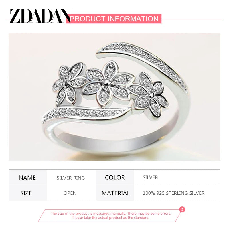 925 Sterling Silver Fashion Adjustable Open CZ Flowers Ring For Women