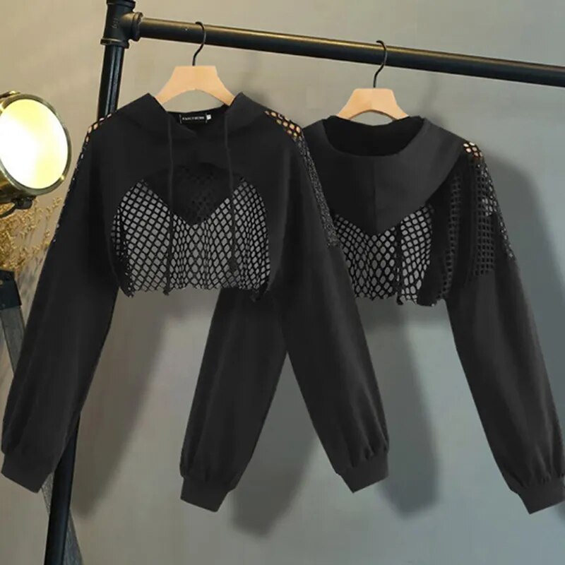 Women's Hoodies Sweatshirt Ultra Short Mesh Splice pullover Sweatshirts
