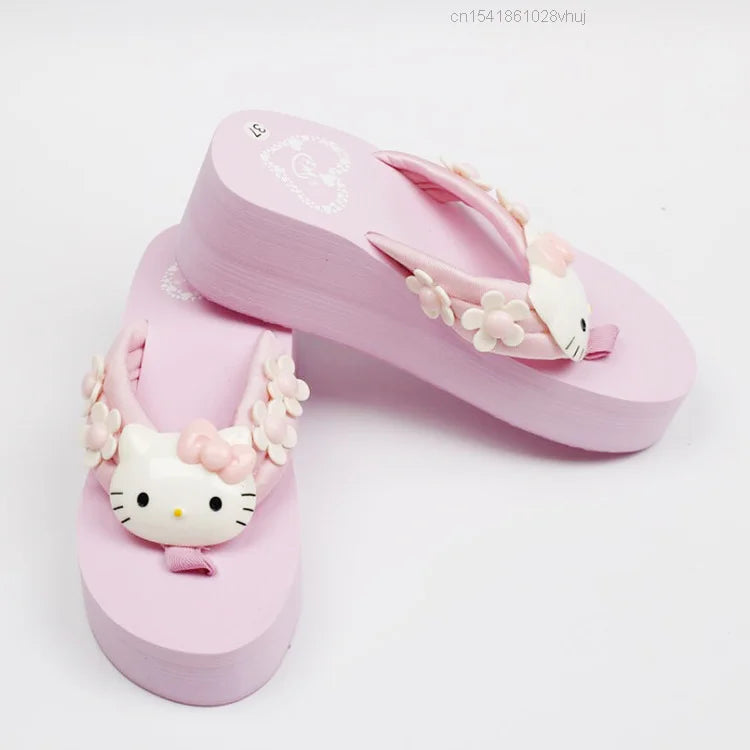Sanrio Hello Kitty Slippers Y2k Kawaii Cartoon Sandals Fashion Platform Shoes Women Wedge Flip Flop High Heels Slippers Ladies