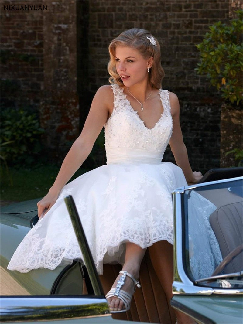 White Bridesmaid Dresses: A Line White Lace Short Wedding Dress Beach