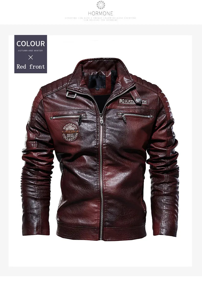 Leather Jacket Men Winter Fleece Motorcycle PU Leather Jacket Mens Stand Collar