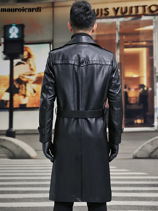 Long Smart Black Waterproof Leather Trench Coat Men Lapel belt Autumn Soft