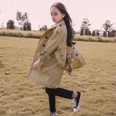 4-13Y Teen Girls Long Trench Coats Fashion England Style Windbreaker Jacket