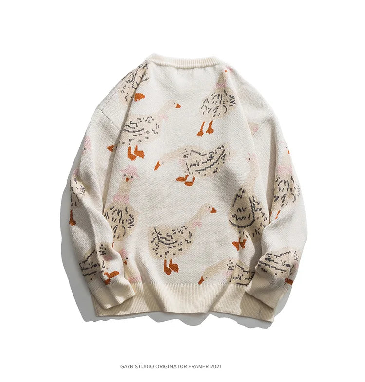Japanese Knitted Sweater Men Cartoon Animal Duck Goose Print Pullover