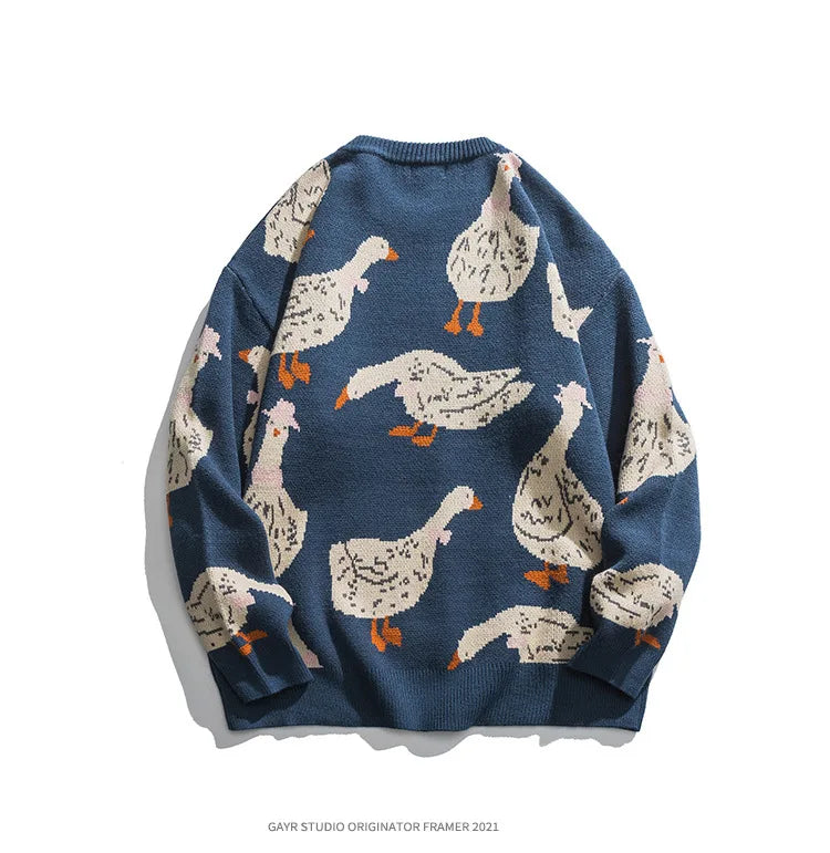 Japanese Knitted Sweater Men Cartoon Animal Duck Goose Print Pullover