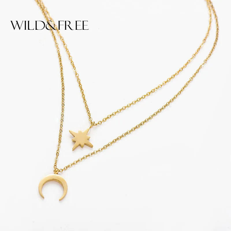 Moon Star Layered Necklace for Women Girl Sweater Pendant Necklaces Gold Plated