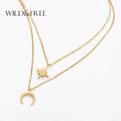 Moon Star Layered Necklace for Women Girl Sweater Pendant Necklaces Gold Plated