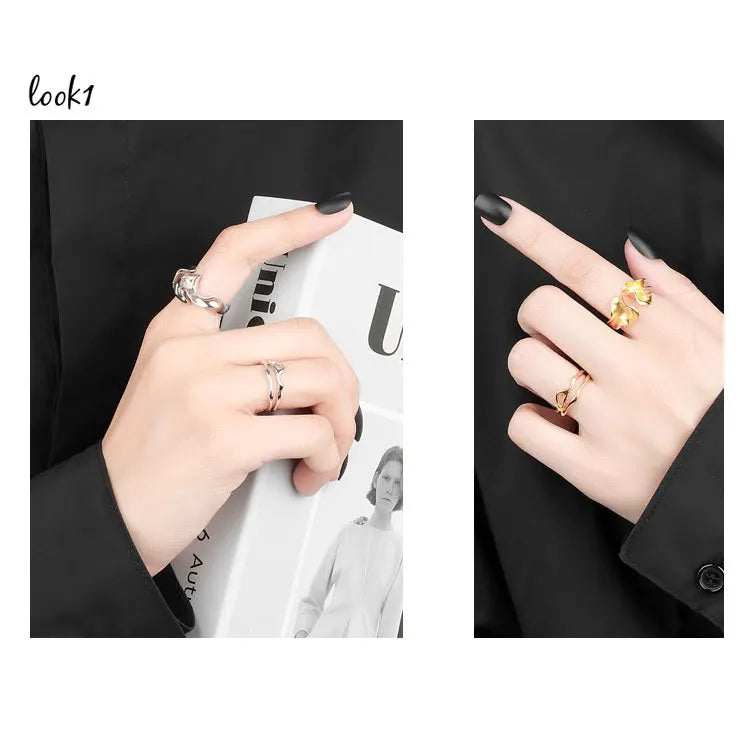 Silver Color Irregular Hollow Double Line Geometric Ring Female Simple  Unique Design