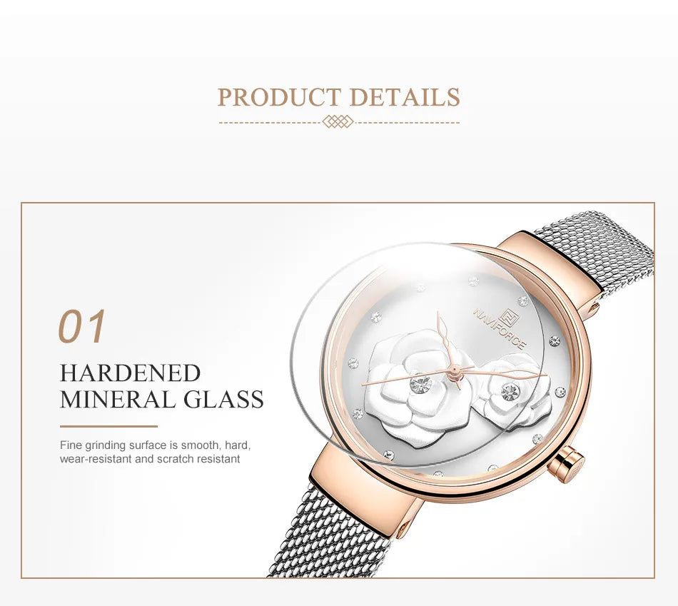 Women Watch NAVIFORCE Top Luxury Brand Steel Mesh Waterproof Ladies Watches Flower Quartz Female Wristwatch Charming Girl Clock