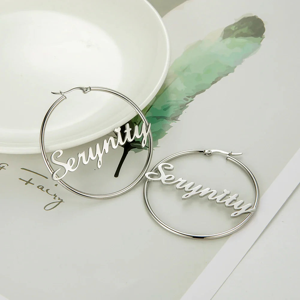 Sipuris Stainless Steel Personalized Customize Name Hoop Earrings Jewelry For Women Girls Circle Earring Fashion 30-60 MM
