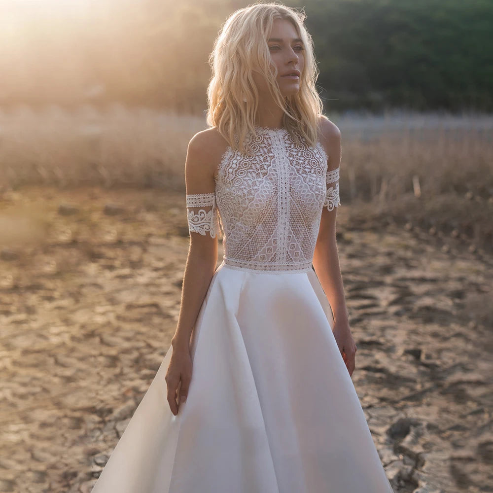 White Bridesmaid Dresses: Bohemian Cutout Lace Halter Wedding Dress A Line