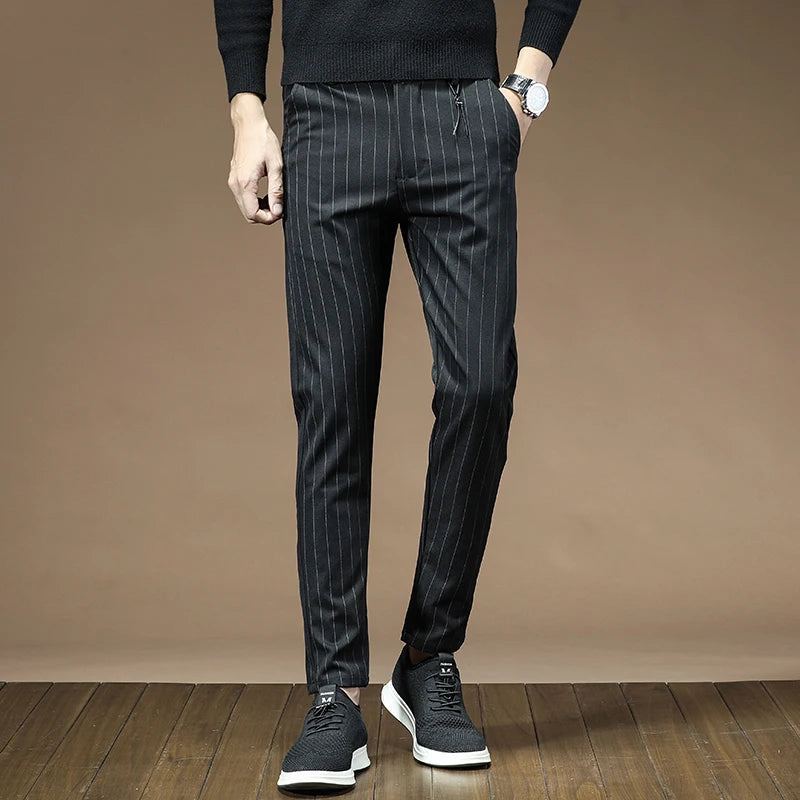 Men's Dress Pants Fashion Plaid Stripe Business Slim Fit Office Classic Retro Suit Pant