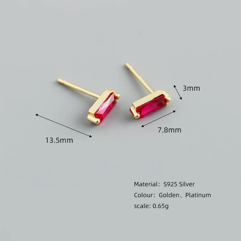WANTME 925 Sterling Silver Colorful Square Shiny Zircon Beads Piercing Stud Earrings for Women Fashion Gothic Exquisite Jewelry