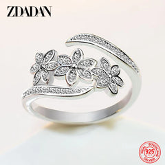 925 Sterling Silver Fashion Adjustable Open CZ Flowers Ring For Women