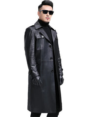 Long Smart Black Waterproof Leather Trench Coat Men Lapel belt Autumn Soft