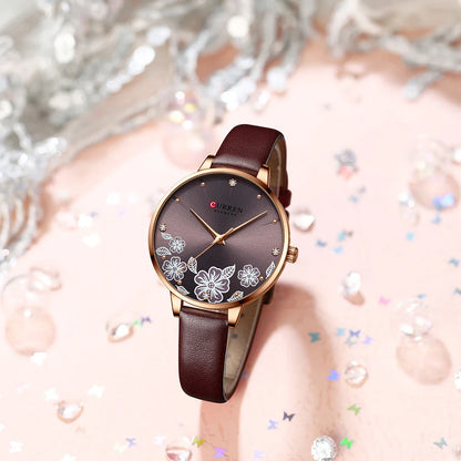 CURREN Watches Women Brand Leather Quartz Wristwatches Luxury Design Clock for Ladies Charm Flowers Dial with box