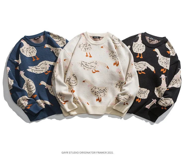 Japanese Knitted Sweater Men Cartoon Animal Duck Goose Print Pullover