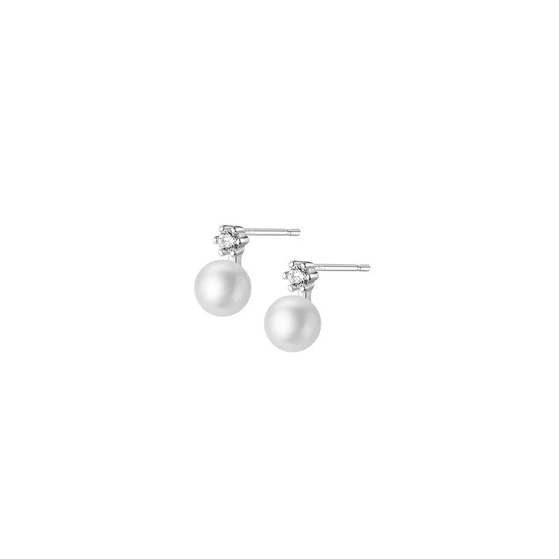 WANTME Genuine 925 Sterling Silver Geometric Zircon Pearl Mini Small Stud Earrings for Women Chic Charming Korean Jewelry 2021