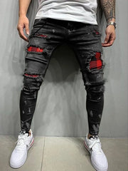 Men's Skinny Ripped Jeans Fashion Grid Beggar Patches Slim Fit Stretch Casual