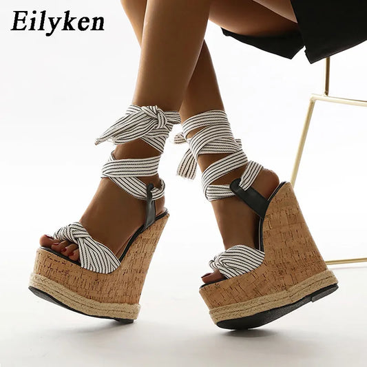 Eilyken Summer Solid White Platform Wedges Sandals Women Fashion High Heels Ankle Strap Ladies Open Toe Shoes