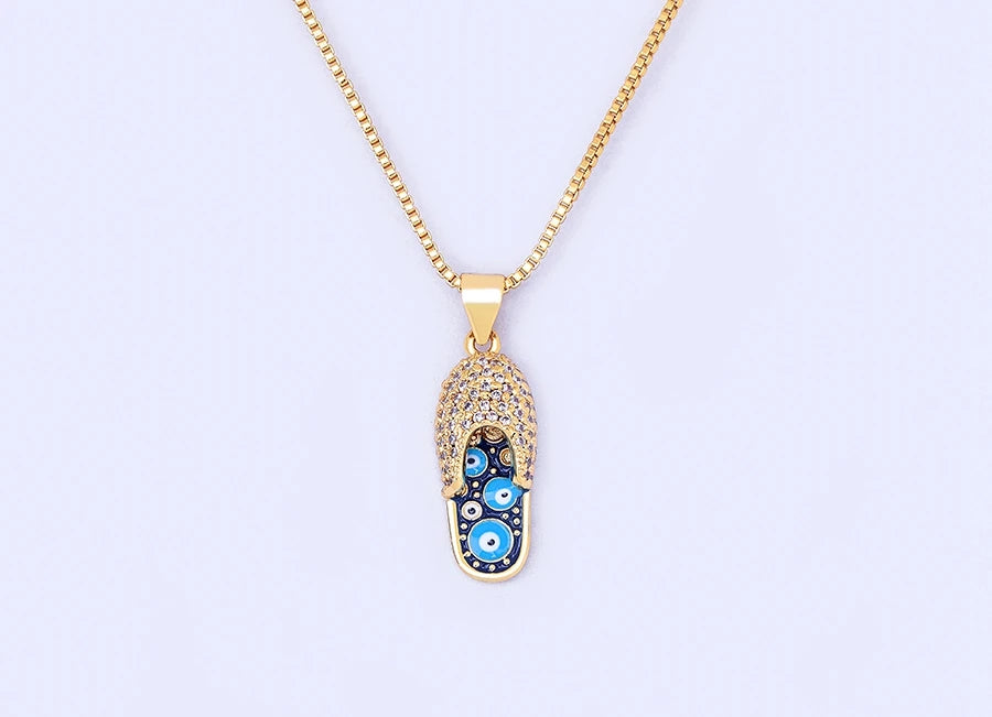 Pave CZ Rhinestone Enamel Slipper Pendant For Women Blue Evil Eye Necklace