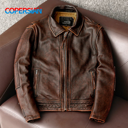 Men Leather Jacket  Swallow Tailed Vintage Motorcycle Top Cowhide Coat