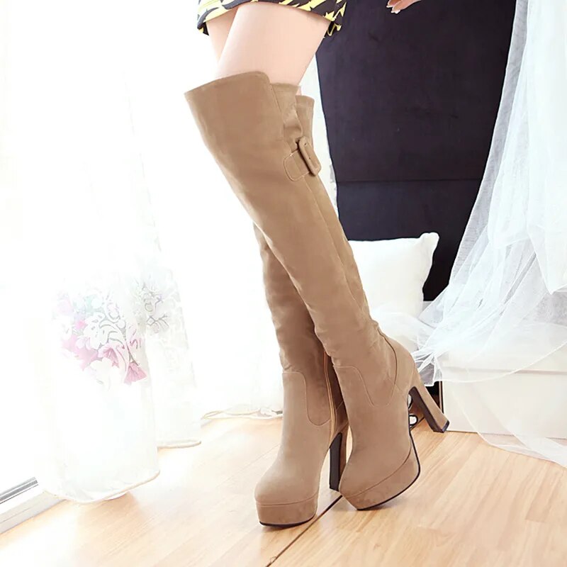 Super High Square Heel Rose Red Warm Snow Boots Waterproof