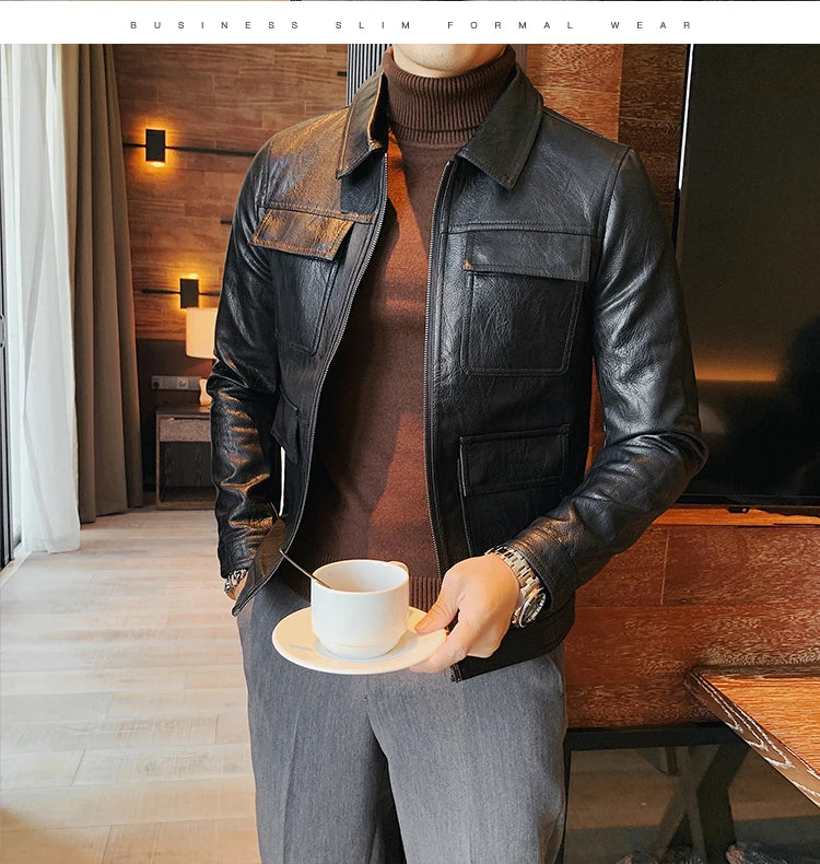 Men Faux Leather Jacket Oblique Zipper Jackets Motorcycle Black Jaqueta De Couro