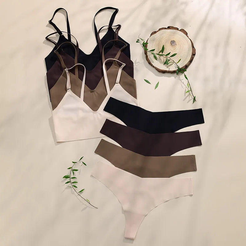 Seamless Bra Briefs Set Bustier Crop Tops Breathable Sexy Ice Silk Seamless