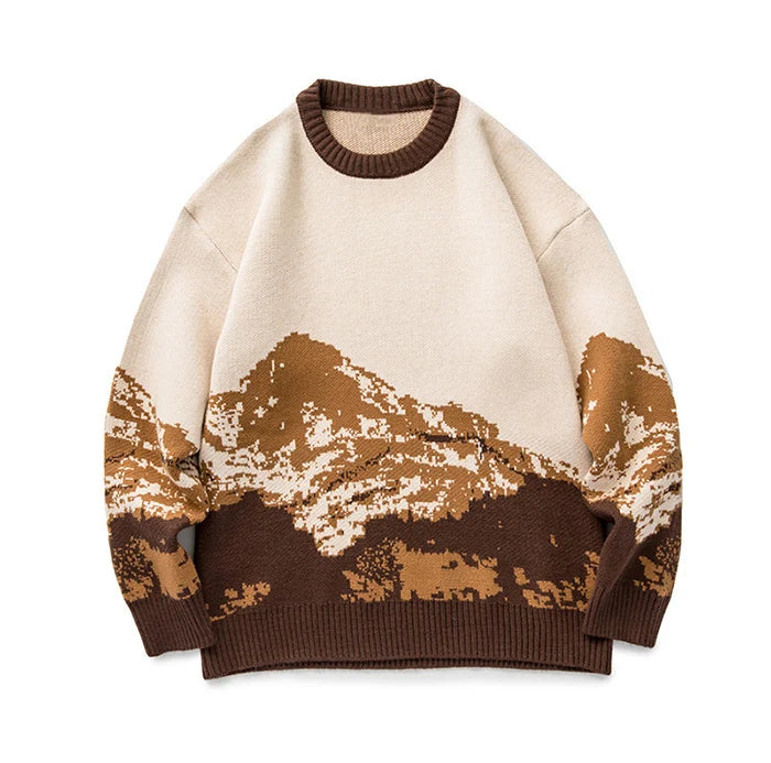 Men Hip Hop Streetwear Harajuku Sweater Vintage Japanese Style Snow Mountain Knitted