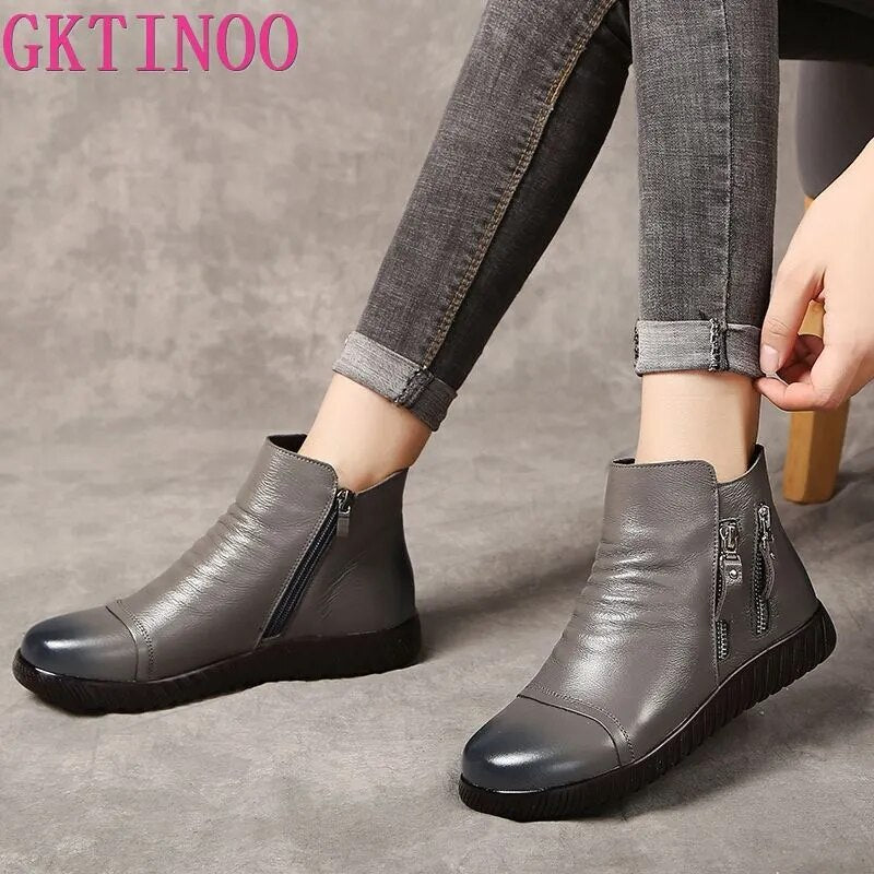 GKTINOO genuine leather boots women plush snow boots mom shoes