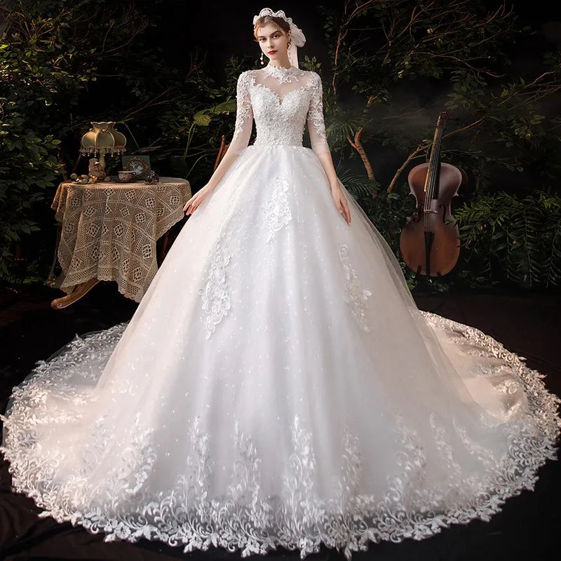 White Bridesmaid Dresses: Wedding Dress Three Quarter Sleeve High Neck