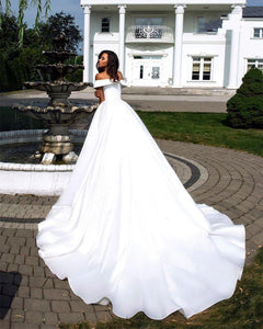 White Elegant Satin A-Line Wedding Dress With Folden V-Neckline