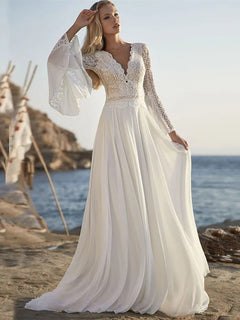 Bohemian A Line Chiffon Wedding Dresses 2023 V Neck Long Sleeve Lace Applique Backless For Women  Bridal Gown Vestidos De Novia
