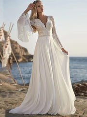 Bohemian A Line Chiffon Wedding Dresses V Neck Long Sleeve Lace Applique