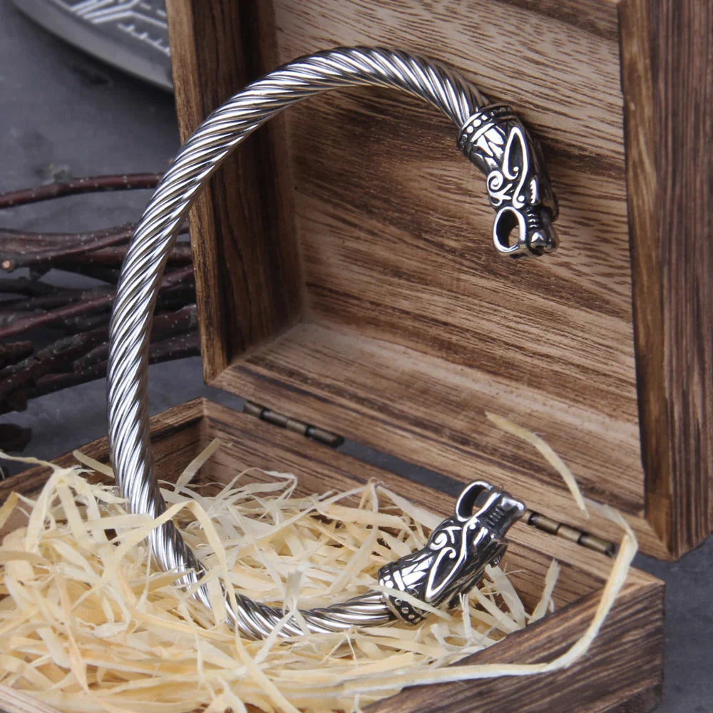 Stainless Steel Nordic Viking Norse Dragon Bracelet Men Wristband Cuff Bracelets with Viking Wooden Box