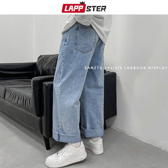 LAPPSTER Men Korean Streetwear Wide Legs Baggy Jeans