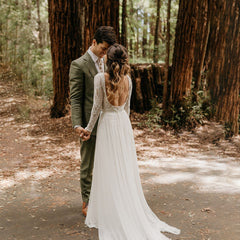 Outdoor Wedding Dress Backless Buttons Up Soft Beach Woodlands Long Sleeves