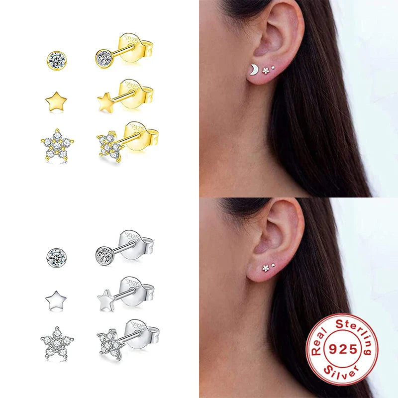 CANNER 3pcs/set Bling Zircon Earring 925 Sterling Silver Cute Mini Heart Star Stud Earrings Ear Bone Earlobe Piercing Jewerly