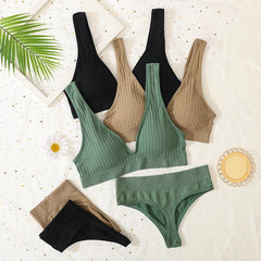 Seamless Underwear Set Women Sport Lingerie Set Wireless Deep V Bra