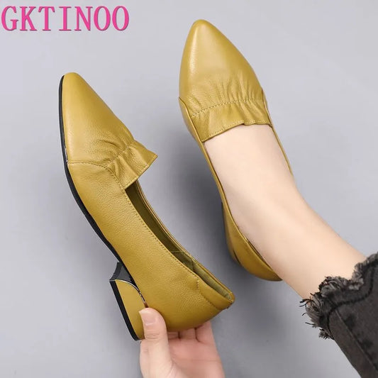 Brand Shoes Thick Heel Ladies Pumps Genuine Leather Pointed Toe