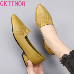 Brand Shoes Thick Heel Ladies Pumps Genuine Leather Pointed Toe