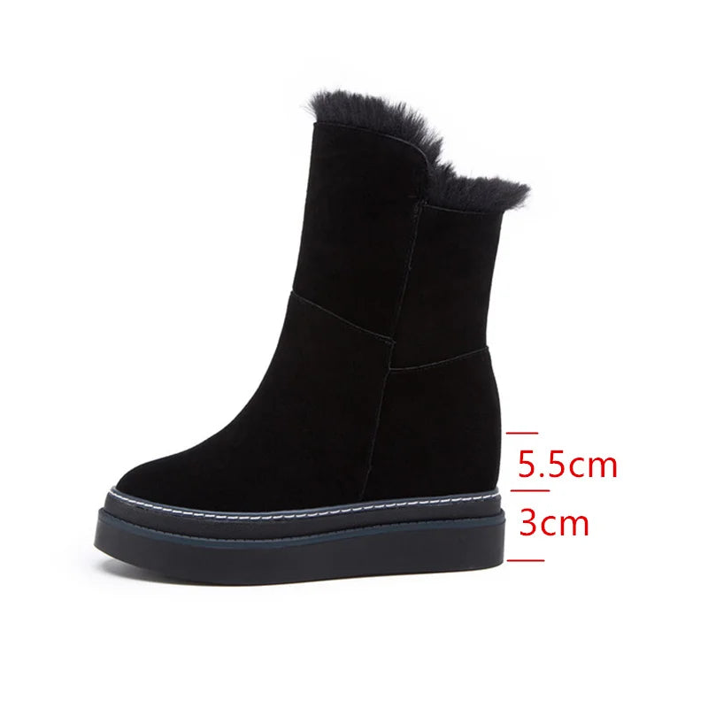 Women's Snow Boots Genuine Leather Hidden Heel Ladies Boot Winter Plush Woman
