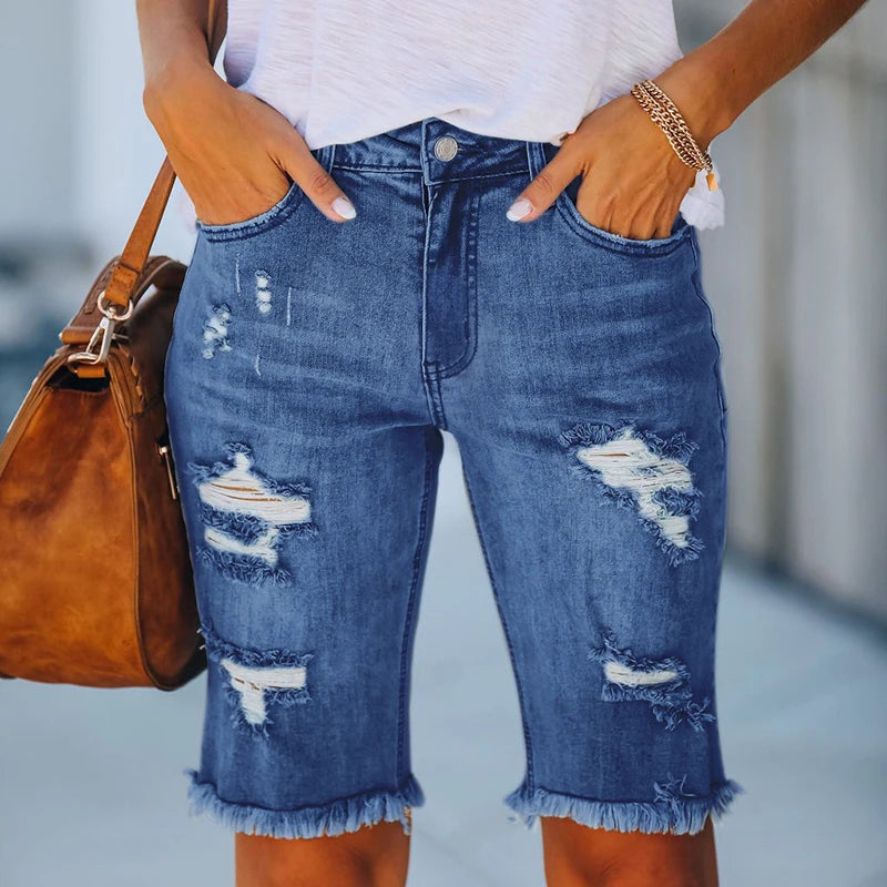 Cycling Denim Shorts Woman Fashion Tassel Tight Five-Point Shorts Washed Female Jeans