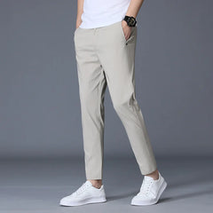 Ankle Length Ice Silk Men Trousers Black Khaki Korea Thin Summer Casual Suit Pants Chandals